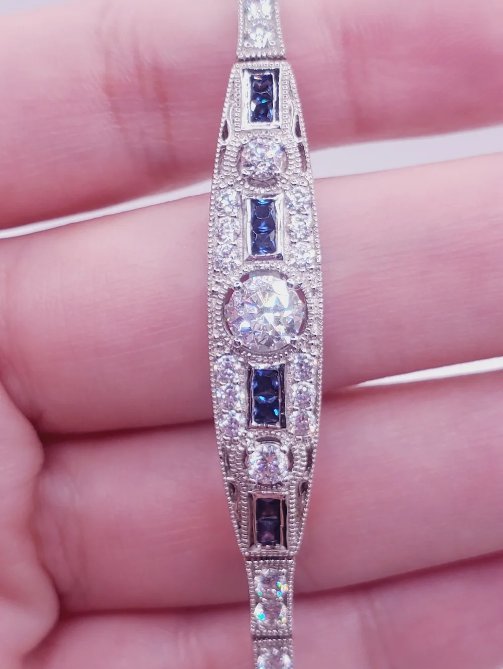 925 Sterling Silver Sapphire Blue CZ & Diamond Simulant Bracelet